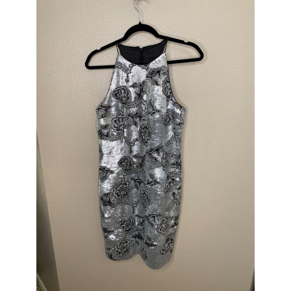 Calvin Klein Womens‎ Silver Sequin Floral Dress Size 8 Elegant Eveningwear